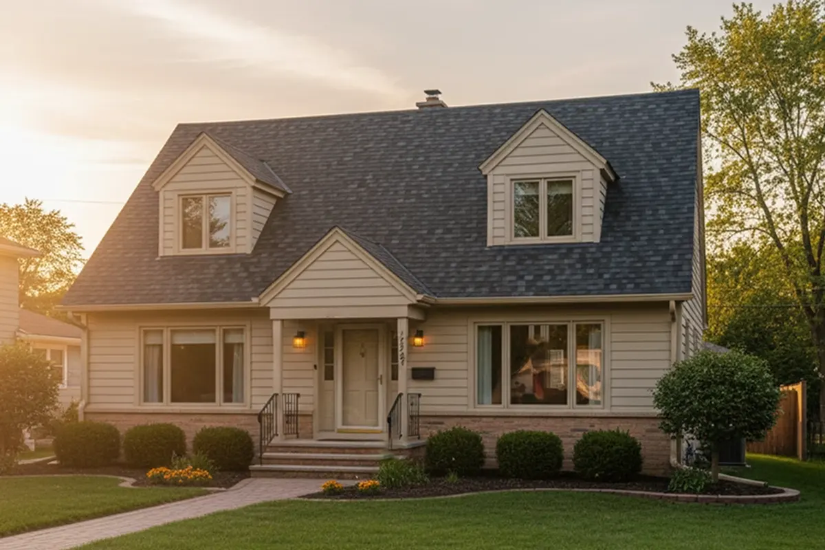 Completed roof replacement on a large Mequon, WI home photographed at dusk
