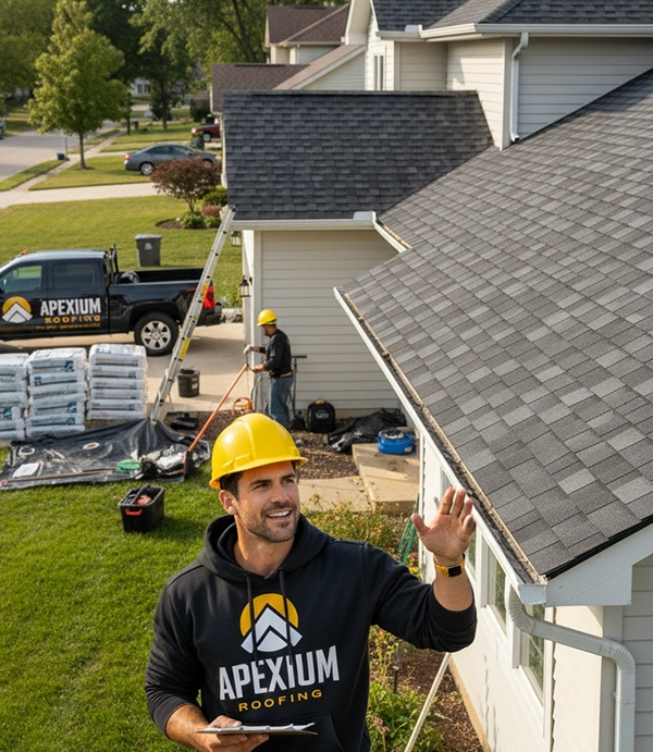 Roofing specialist reviewing an asphalt shingle roofing project on a Milwaukee home