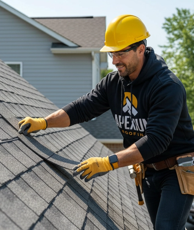 Professional roofer installing shingles on a residential home for Apexium Roofing services.