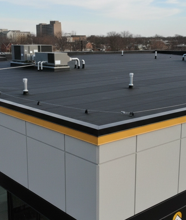 Commercial roofing system on a Milwaukee building for Apexium Roofing