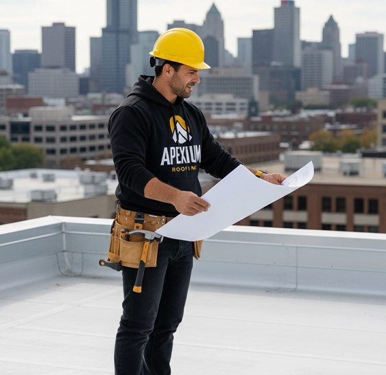Roofing specialist reviewing a commercial roofing project on a Milwaukee building