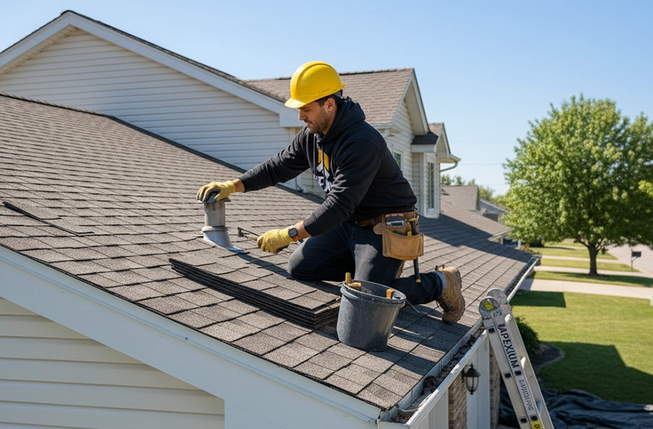 Professional roofing worker completing careful repair work on a residential home.