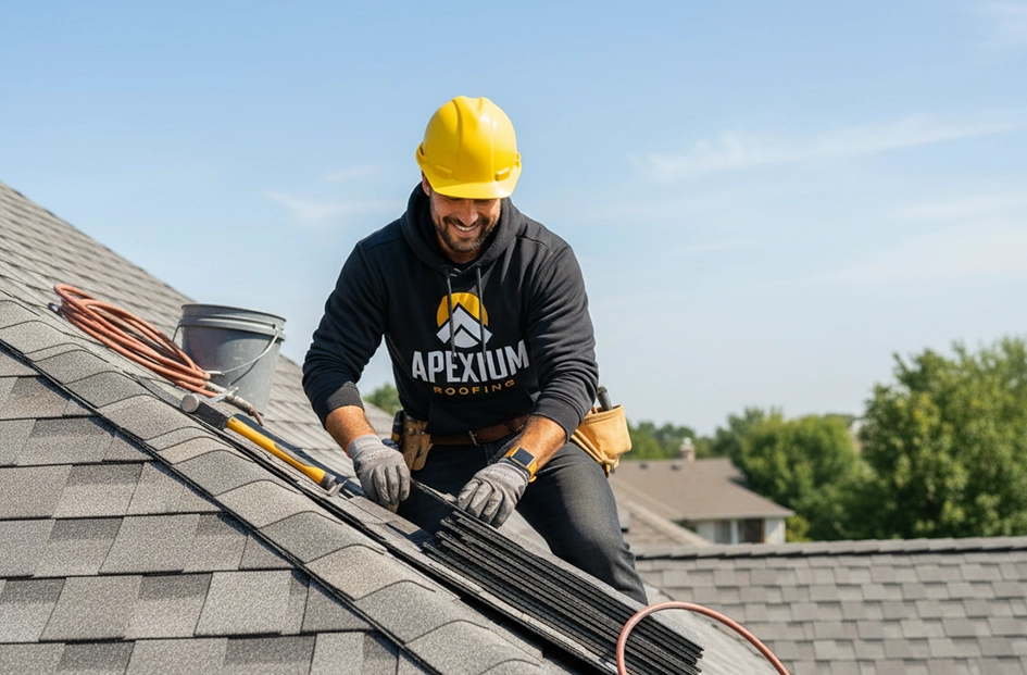 Roofer repairing shingles on a residential home roof.
