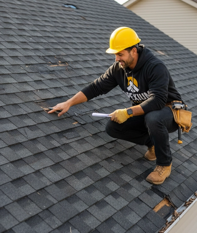 Roofer inspecting roof damage on a Milwaukee home for Apexium Roofing repair services