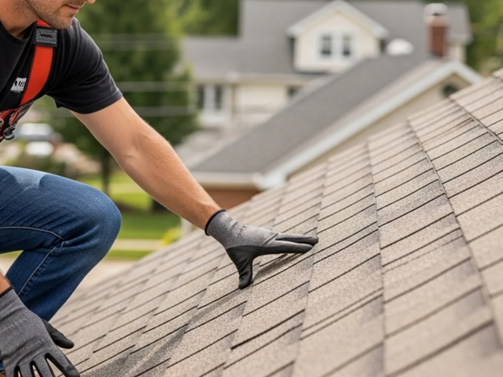 Roofer inspecting shingles on a Milwaukee residential roof.