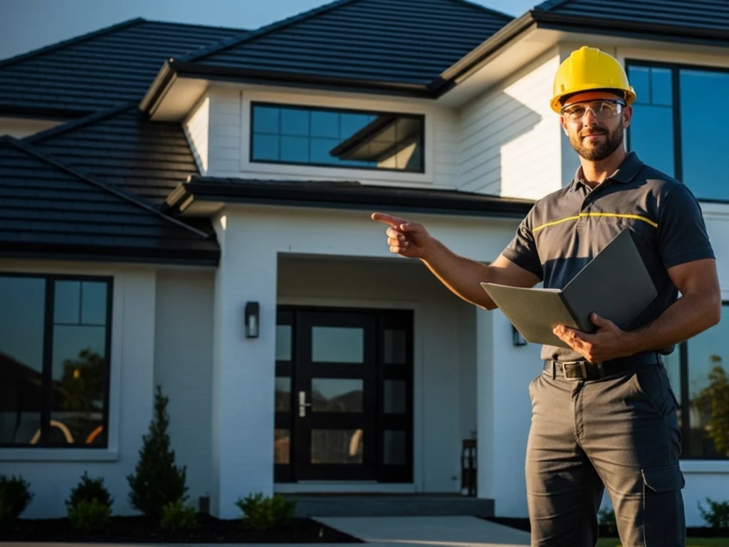 Roofing contractor standing beside home ready for roof inspection.