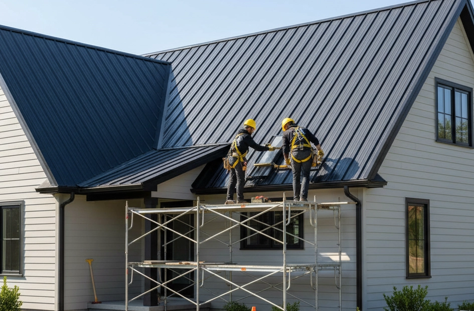 Roofing workers on a modern house roof during installation for Apexium Roofing.