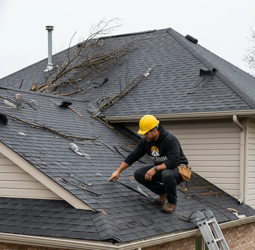 Roofer inspecting storm-damaged roof on a Milwaukee home after severe weather.