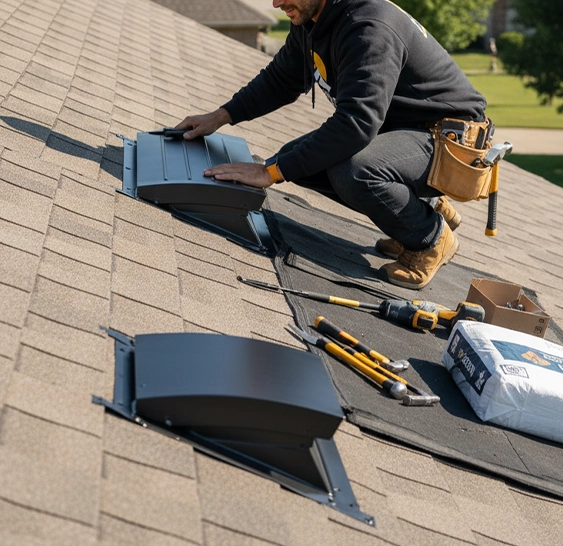 Contractor improving attic airflow with residential roof ventilation work