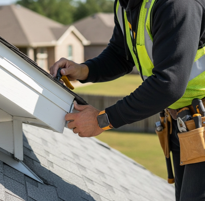 Contractor installing soffit and fascia with careful workmanship for a cleaner roofline