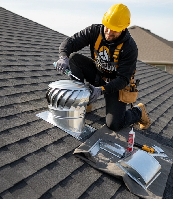 Contractor repairing a damaged roof vent on a residential home