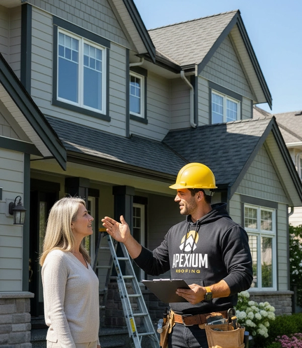 Contractor reviewing soffit and fascia service options with a homeowner outside a residential property