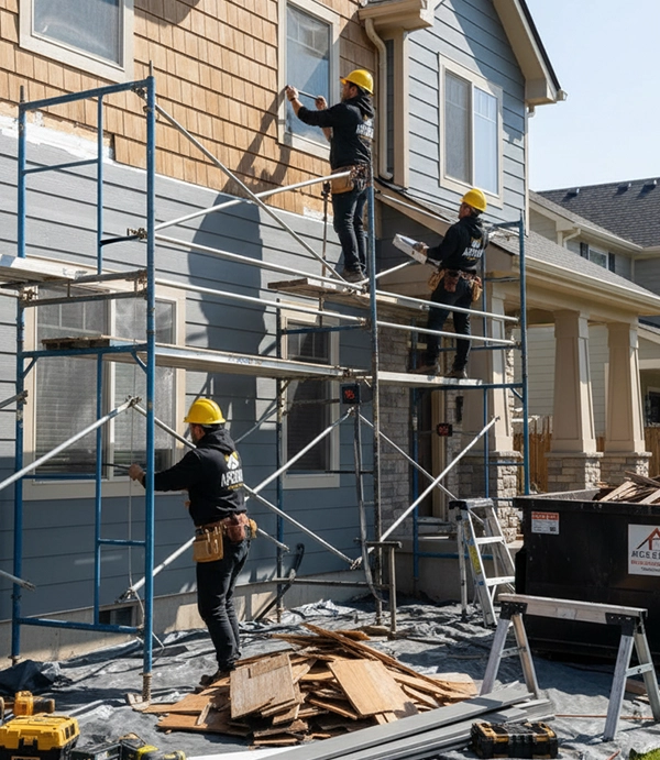 Crew replacing worn siding across a residential exterior