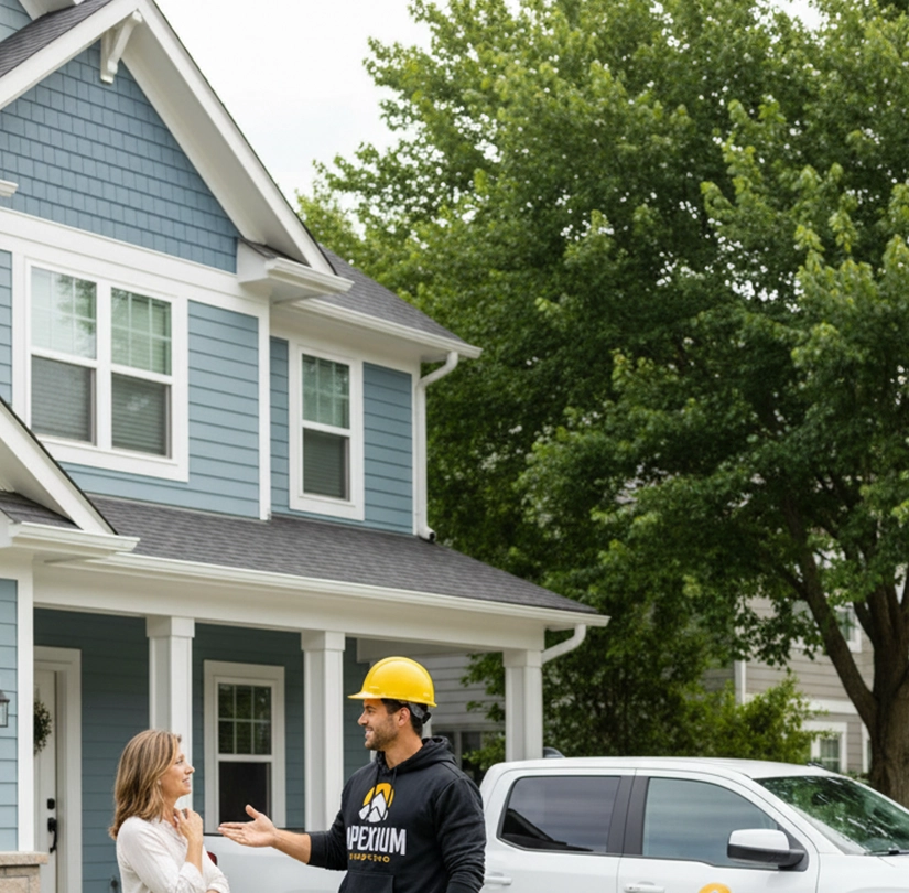 Homeowner speaking with a siding contractor about an exterior improvement project