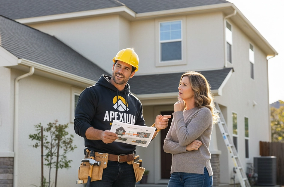 Roofing contractor reviewing roof ventilation service options with a homeowner outside a residential property
