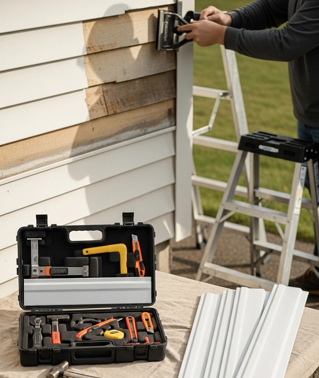 Contractor repairing cracked siding and loose exterior panels on a home