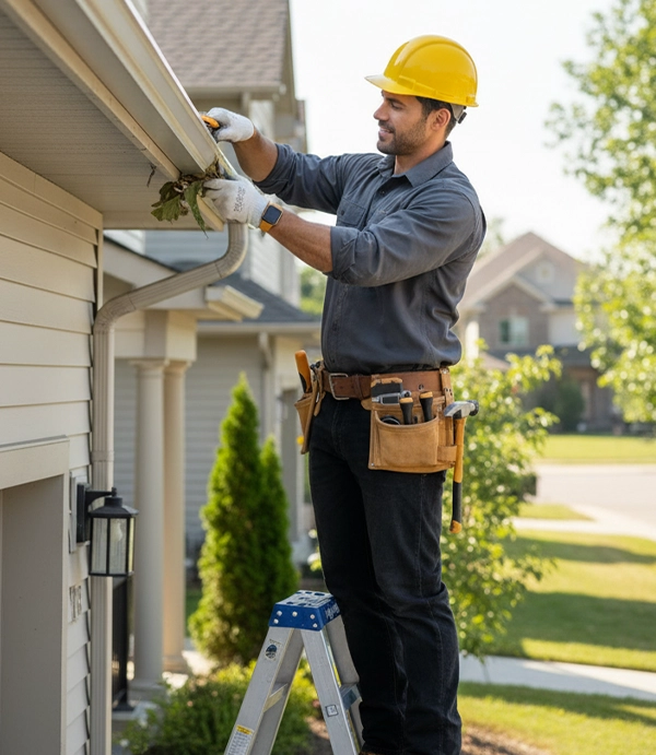 Contractor correcting a small gutter drainage issue before it spreads