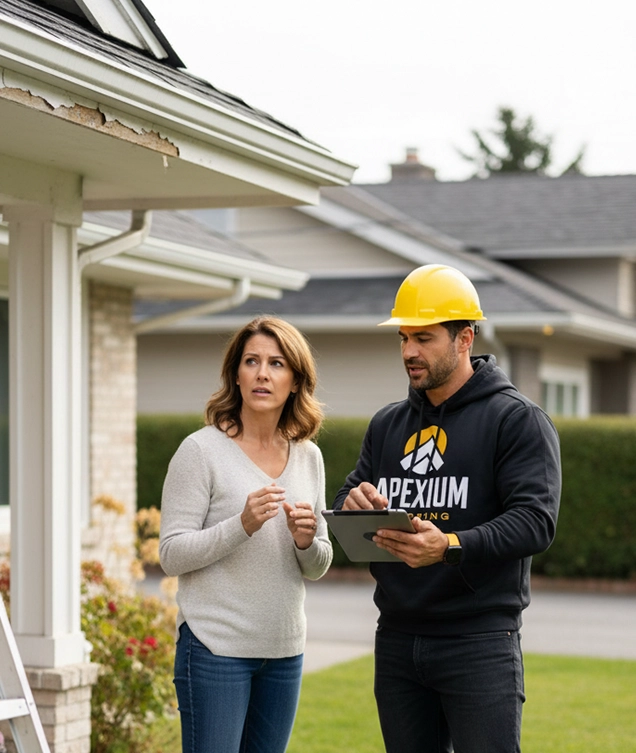 Contractor reviewing soffit and fascia repair options with a homeowner outside a residential property.
