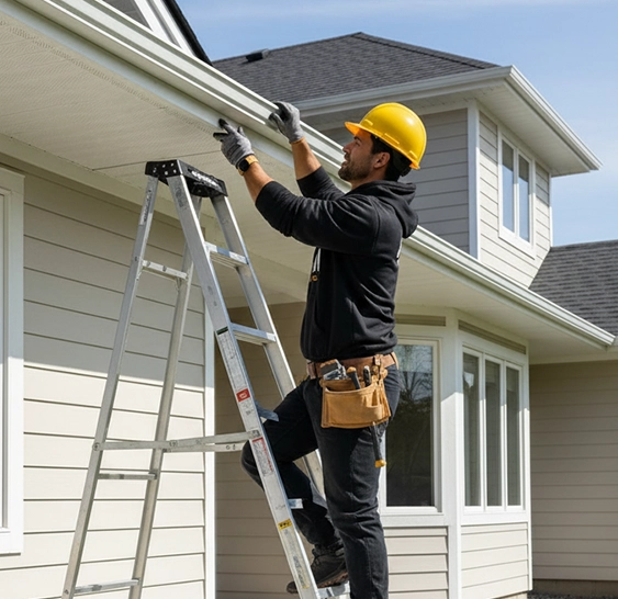 Contractor improving roofline ventilation with soffit installation on a home