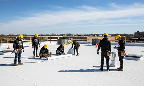 Commercial roofing support on a North Side Milwaukee property with organized project work