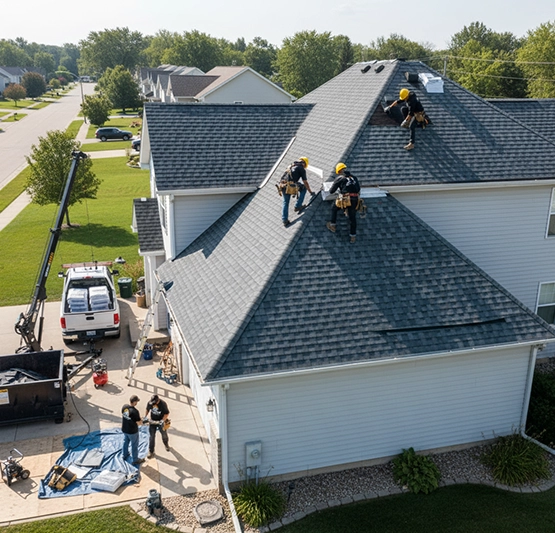 Residential roofing crew working on a Butler home with clean workmanship