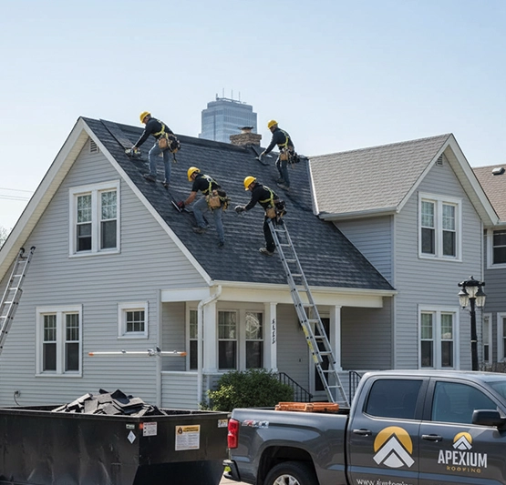 Residential roofing crew working on a North Side Milwaukee home with clean workmanship