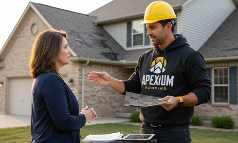 Roofing consultant helping a Menomonee Falls property owner with roof repair or replacement guidance