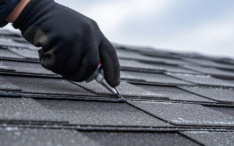 Hand-sealing asphalt shingles during winter roof installation
