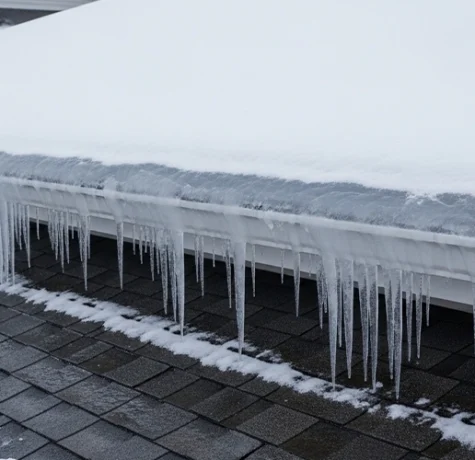 Ice dam forming along the edge of a Wisconsin roof