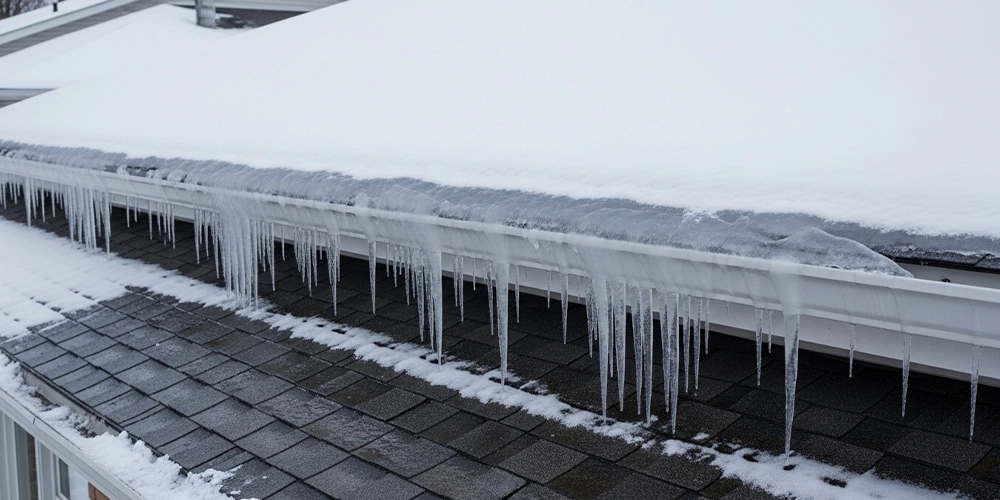 Ice dam forming along the edge of a Wisconsin roof