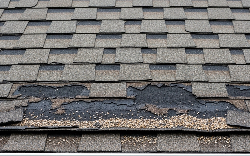 Bald spots and granule loss on worn roof shingles