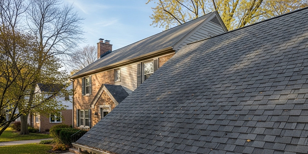 Residential roof in Milwaukee showing visible signs of aging and wear