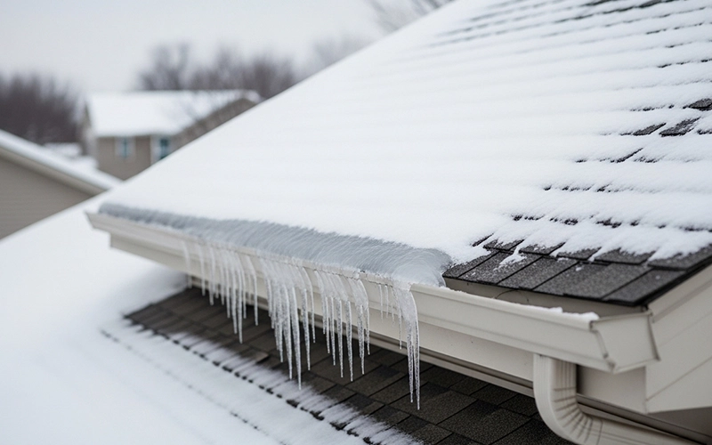 Snow and ice dam buildup on a Wisconsin roof in winter